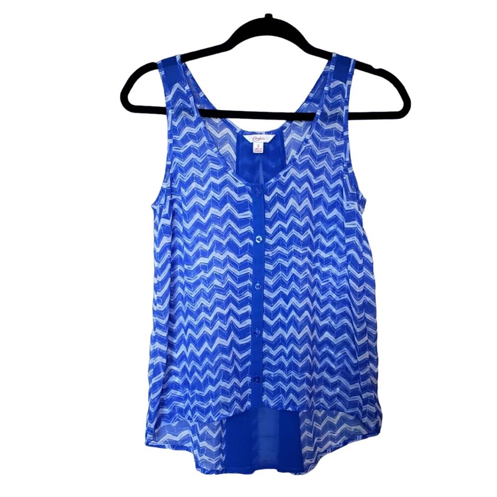 Y2K Oversized Sheer Tank Top Blouse Chevron Stripe Flowy Blue V-Neck Hi Low S